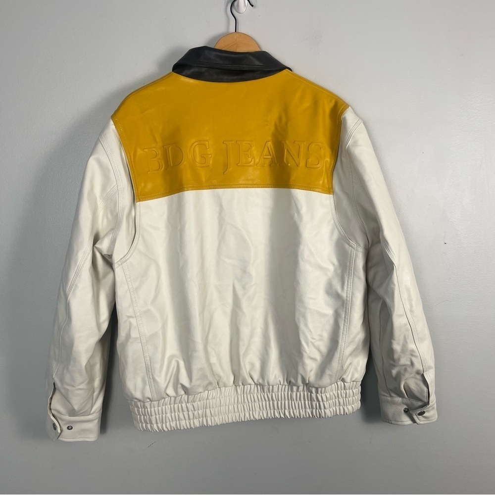 Bdg Faux leather White and yellow oversize bomber jacket size large - Picture 5 of 5